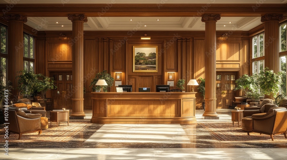 Elegant hotel lobby featuring wooden decor and comfortable seating. Elegant hotel lobby featuring wooden decor and comfortable seating.