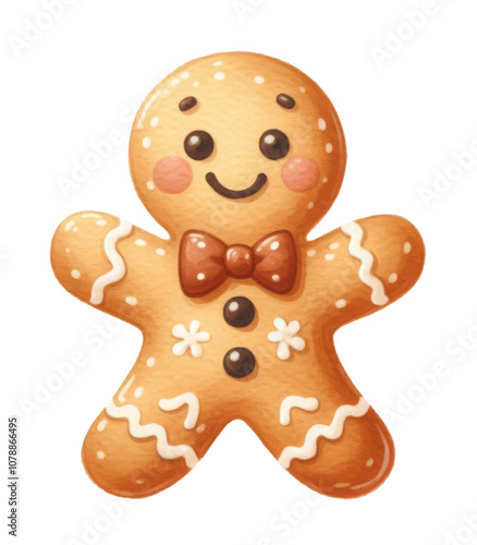 Joyful gingerbread cookie, beautifully crafted with icing, featuring festive decorations and a beaming face.