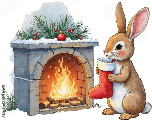 A cheerful rabbit holding a Christmas stocking by a cozy fireplace adorned with pine and holiday decorations. Watercolor kids Christmas illustration