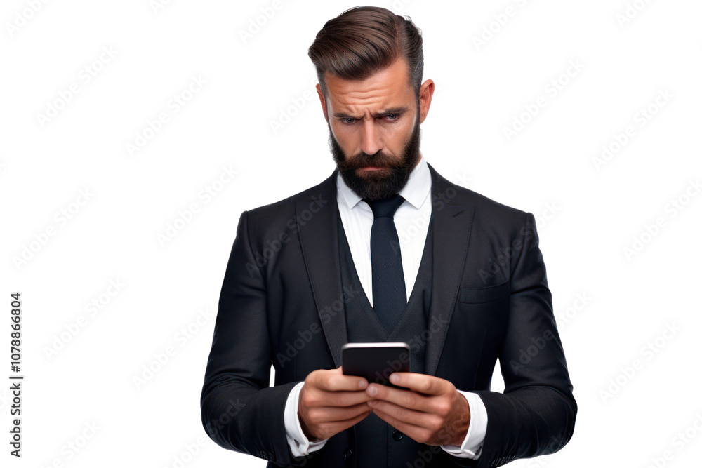 Businessman in a suit holding a smartphone, scrolling through content with a neutral expression isolated on white background Businessman in a suit holding a smartphone, scrolling through content with a neutral expression isolated on white background