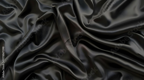 Abstract Background of Smooth Black Satin Fabric Draped and Flowing with Elegant Waves and Gentle Folds