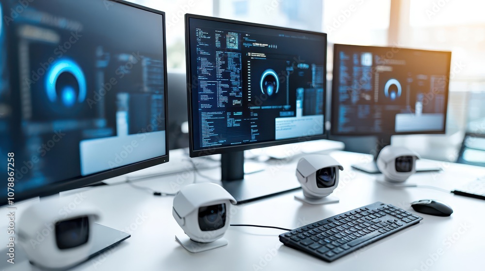 Office workspace with CCTV cameras tracking motion, motion detection alerts appearing on multiple monitors, modern design, bright midday sunlight Office workspace with CCTV cameras tracking motion, motion detection alerts appearing on multiple monitors, modern design, bright midday sunlight
