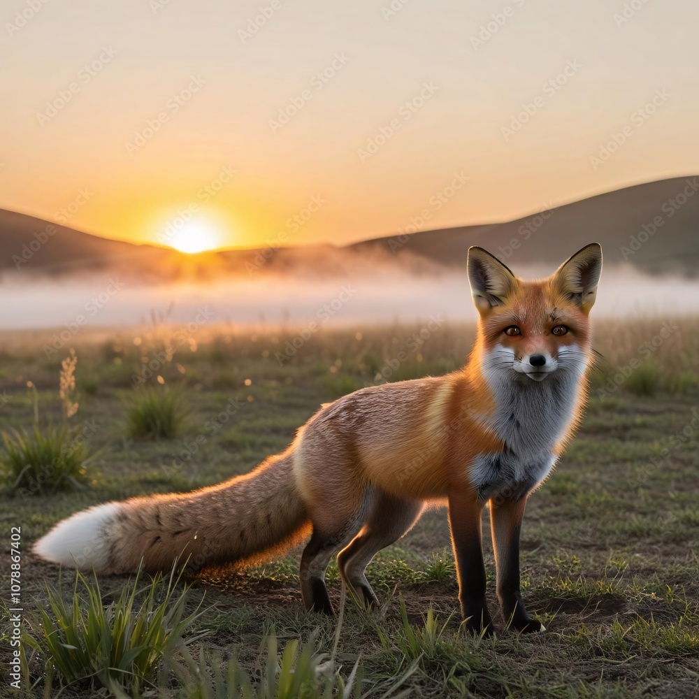 A stunning fox stands gracefully in a misty meadow during sunrise, capturing the beauty of nature with warm sunlight illuminating its fur. A stunning fox stands gracefully in a misty meadow during sunrise, capturing the beauty of nature with warm sunlight illuminating its fur.