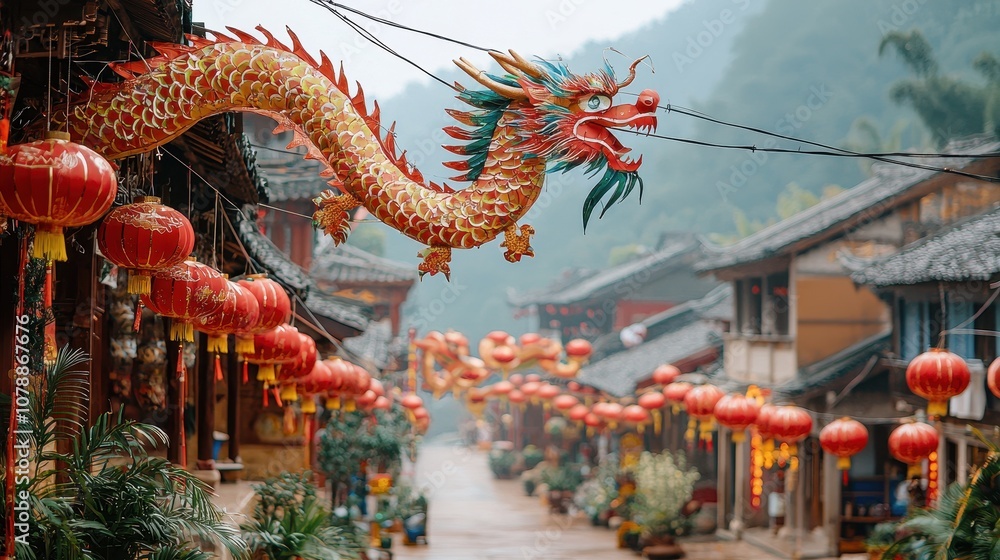 Obraz premium A decorated village street filled with dragon decorations and red lanterns for the Year of the Dragon The festive decorations create a cheerful and inviting atmosphere A vibrant celebration 