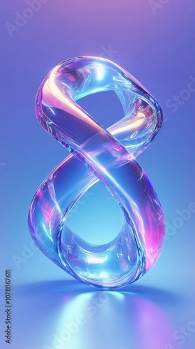 Abstract Marketing Background Featuring an Infinity Symbol and Transparent Blue and Purple Neon Style Cartoon Glass Curved Möbius Strip. This 3D Rendering with a Light Blue Gradient Background Emphasi