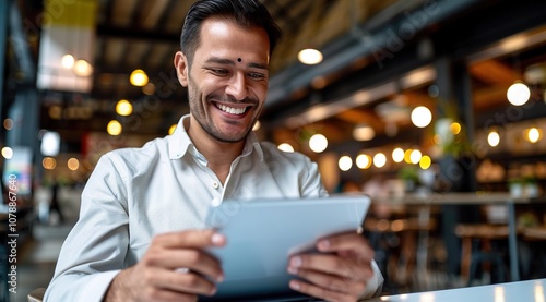 happy young Indian businessman employee manager using a tablet computer