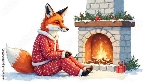 A cozy fox in festive pajamas relaxing by a warm fireplace with Christmas decorations in a winter setting. Watercolor kids Christmas illustration
