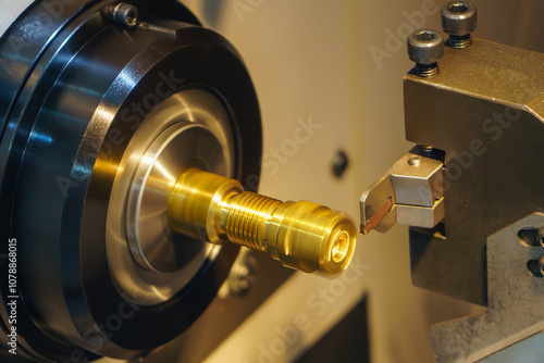 Close up scene the CNC lathe machine slot cutting at the brass pipe coupling parts. photo