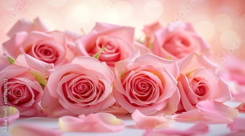 Decorative web banner. Close up of blooming pink roses flowers and petals isolated on white table 