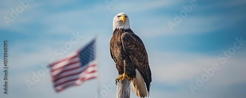 Bald Eagle Perched on a Pole with American Flag in the Background - Photo