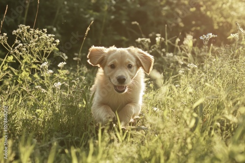 Cute Golden Retriever Puppy Running in Sunny Green Meadow with Flowers photo