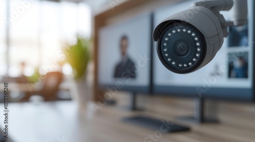 Motionactivated CCTV cameras monitoring an openplan office, security personnel viewing alerts on large screens, soft afternoon lighting, modern design photo