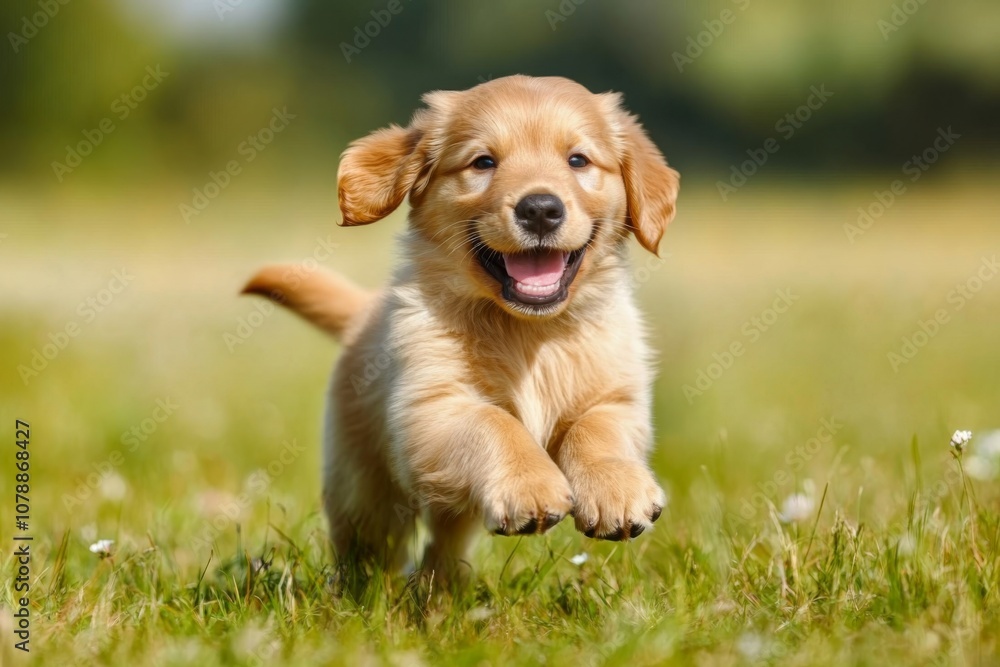 Cute Golden Retriever Puppy Running in Sunny Green Meadow with Flowers Cute Golden Retriever Puppy Running in Sunny Green Meadow with Flowers