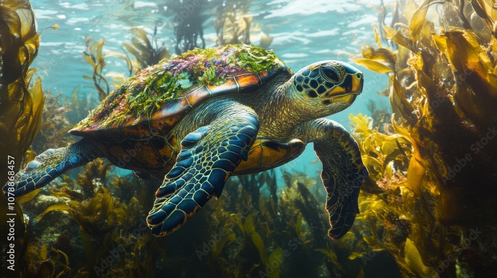 Obraz premium Sea Turtle Swimming Through Kelp Forest - Underwater Photography