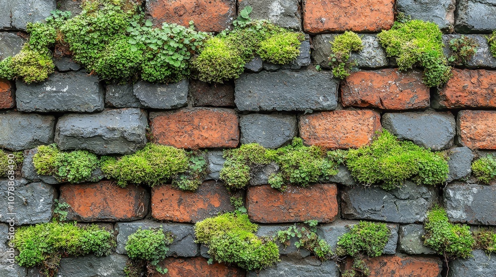 A weathered brick wall adorned with vibrant green moss and small plants. A weathered brick wall adorned with vibrant green moss and small plants.