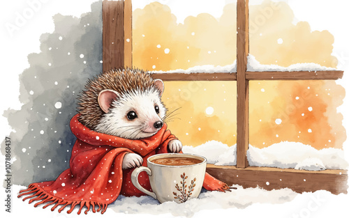 A cozy hedgehog wrapped in a red blanket enjoying a warm drink by the snowy window during winter. Watercolor kids Christmas illustration