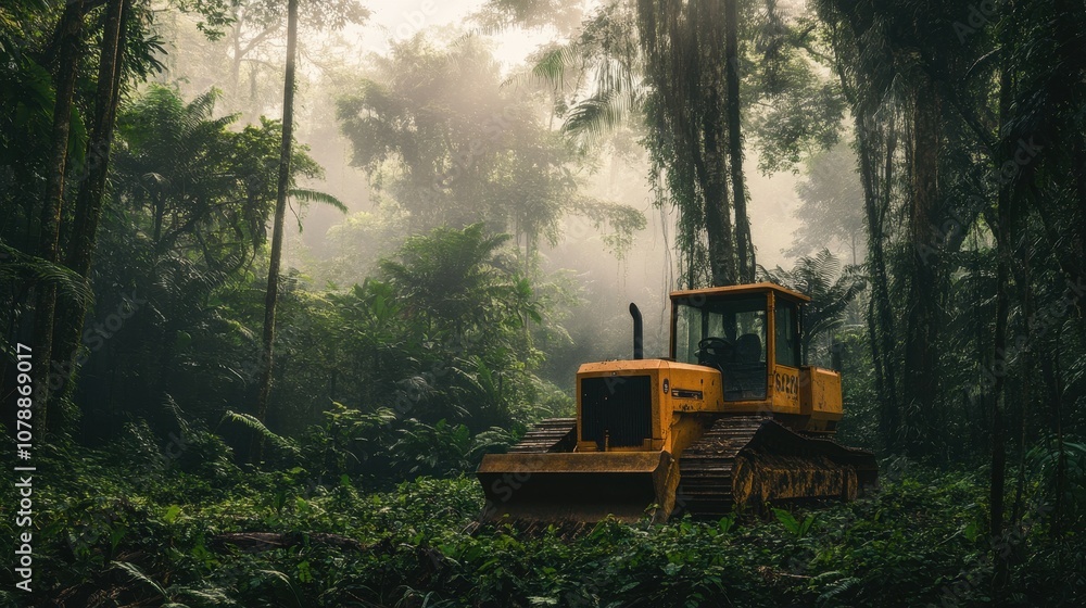 A yellow bulldozer is situated in a misty forest, surrounded by lush greenery, highlighting the contrast between industrial machinery and nature. A yellow bulldozer is situated in a misty forest, surrounded by lush greenery, highlighting the contrast between industrial machinery and nature.