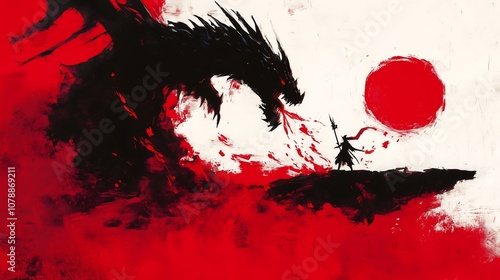 dragon red black white sun deep sword canvas samurai defeated large color scheme