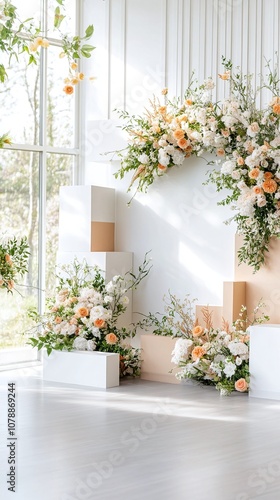 Floral Arch With White and Beige Platforms.