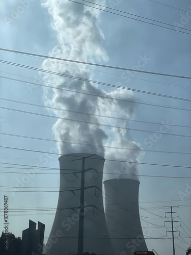 A view of large industrial towers releasing steam under clear blue skies, highlighting energy production and environmental impact. Power lines and vehicles are visible, adding to the industrial scene. photo