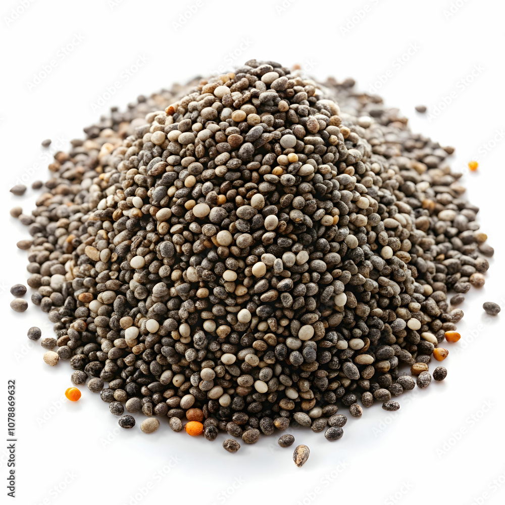 Close up of chia seeds isolated on white background Close up of chia seeds isolated on white background