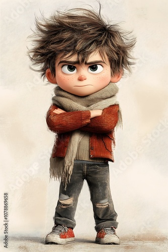 boy scarf neck cartoon tattered leather coat gruffness entertainment sassy personality inspiring short spiky hair anger shorter curly photo