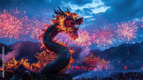 A majestic dragon statue overlooking a mountain village as fireworks light up the sky The village celebrates the Year of the Dragon under the dragon’s watchful gaze A powerful symbol of protection  photo