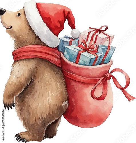 A festive bear wearing a Santa hat carries a sack filled with colorful presents during the holiday season. Watercolor kids Christmas illustration