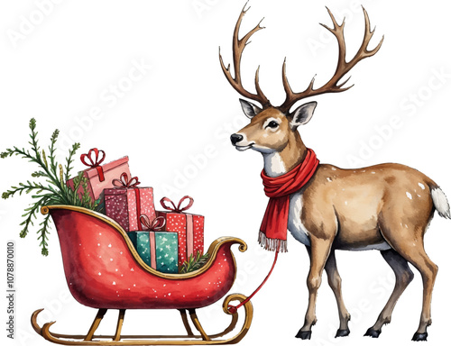 A deer stands beside a festive sleigh filled with colorful gifts surrounded by holiday decorations in a cheerful winter setting. Watercolor kids Christmas illustration