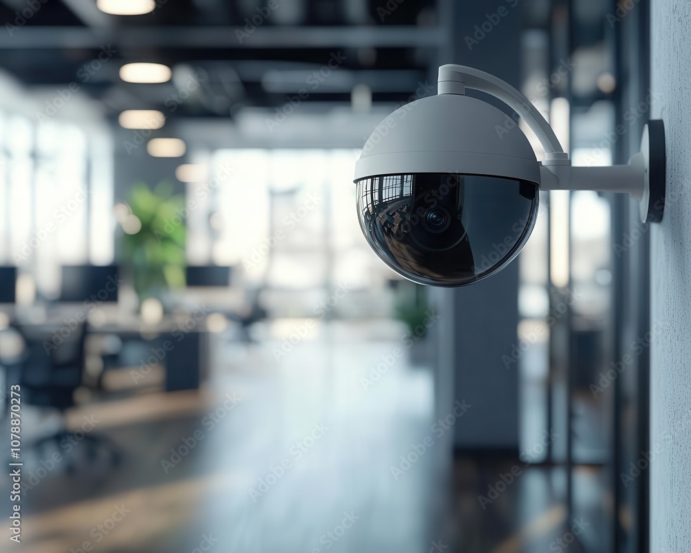 Surveillance camera mounted in an open office space, tracking employee movement, motion alerts flashing on nearby monitors, bright midday sun Surveillance camera mounted in an open office space, tracking employee movement, motion alerts flashing on nearby monitors, bright midday sun