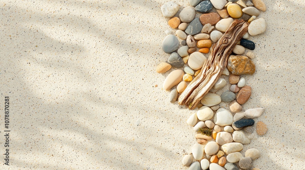 Serene Coastal Escape: Colorful Pebbles and Driftwood on Sandy Beach with Soft Natural Lighting Serene Coastal Escape: Colorful Pebbles and Driftwood on Sandy Beach with Soft Natural Lighting