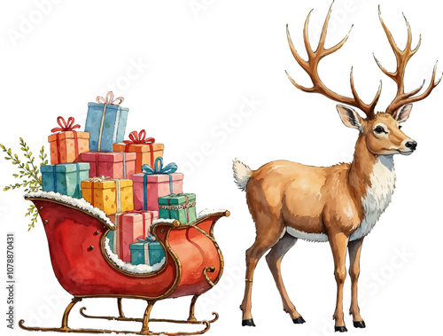A festive reindeer stands next to a colorful sleigh filled with presents, capturing the holiday spirit. Watercolor kids Christmas illustration