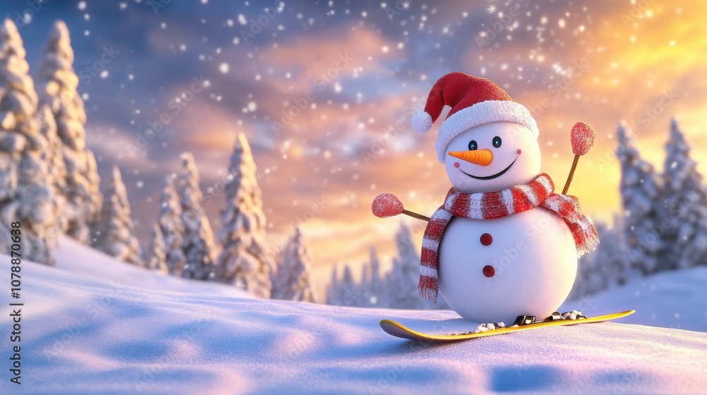 Cute snowman ski in snow field in mountain. Cute snowman ski in snow field in mountain.