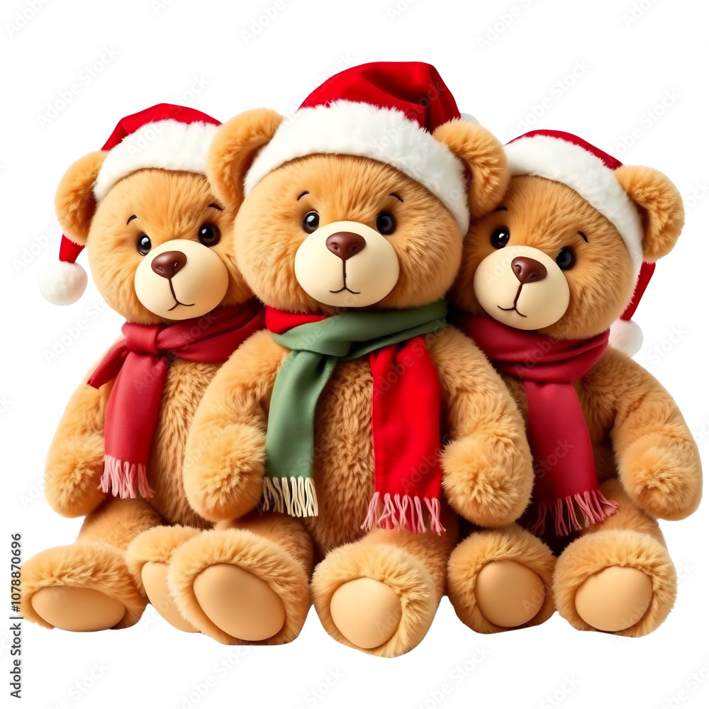Three cuddly teddy bears wearing Santa hats and scarves Three cuddly teddy bears wearing Santa hats and scarves
