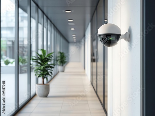 Office hallway with sleek surveillance cameras, motiontriggered alerts appearing on security monitors, modern architecture, bright midday light