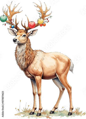 A festive stag adorned with colorful ornaments stands proudly in a cheerful holiday scene. Watercolor kids Christmas illustration