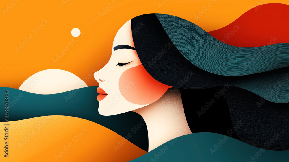 Abstract illustration of a woman's profile with long flowing hair against a vibrant orange and teal background, featuring a sun and wavy patterns.