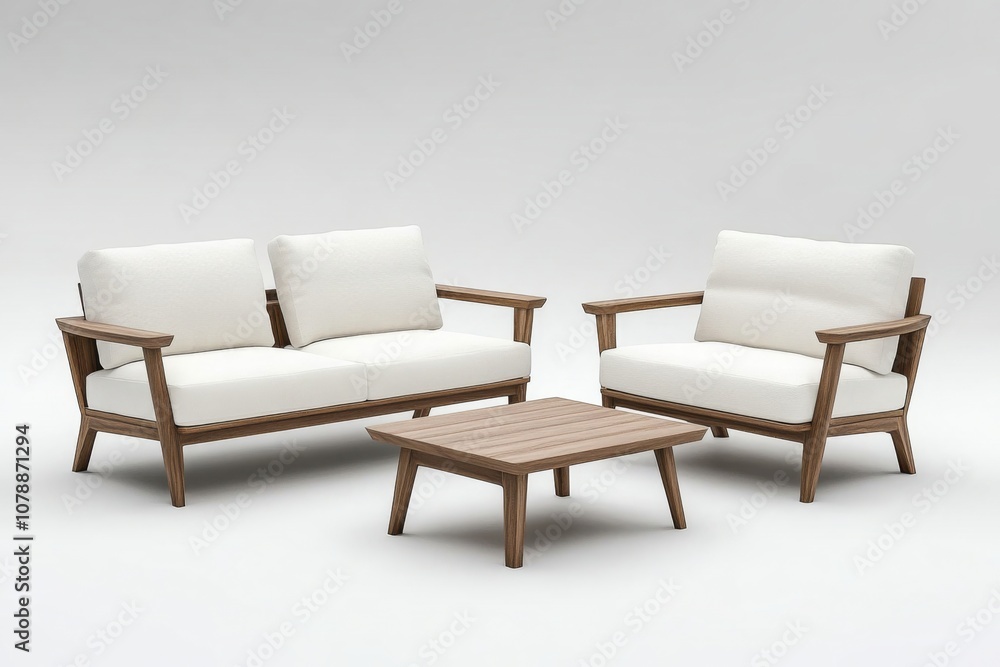 Fototapeta premium Modern Minimalist Sofa and Armchair with Wooden Frame, White Fabric Cushions, and Coffee Table on Light Gray Background
