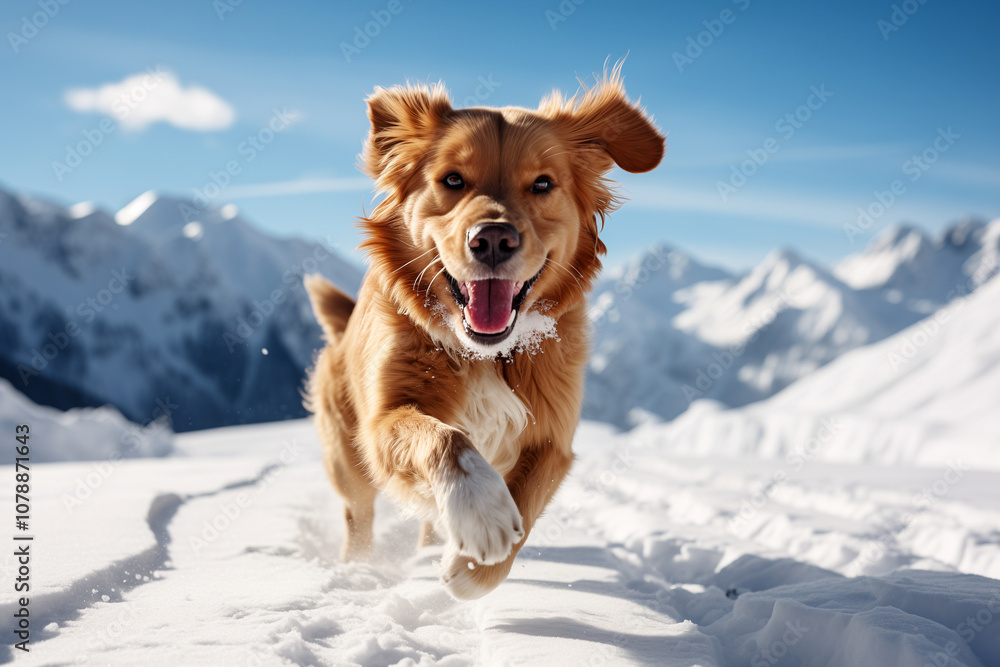 Dog playing in the snow with mountains in the background Dog playing in the snow with mountains in the background