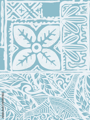 Hawaiian tribal exotic fabric and Polynesian tapa cloth patchwork abstract