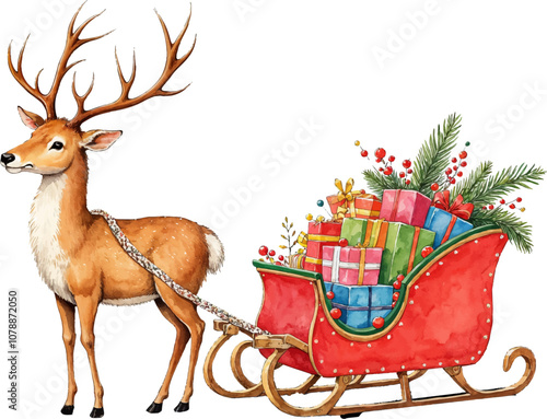 A reindeer pulls a festive sleigh filled with colorful gifts and decorations, set against a cheerful holiday backdrop. Watercolor kids Christmas illustration