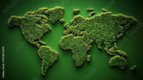 Fototapeta Naklejka Na Ścianę i Meble -  A textured green map of the world surrounded by vibrant foliage, symbolizing global environmental awareness and the connection between nature and humanity. Perfect for themes of sustainability and eco