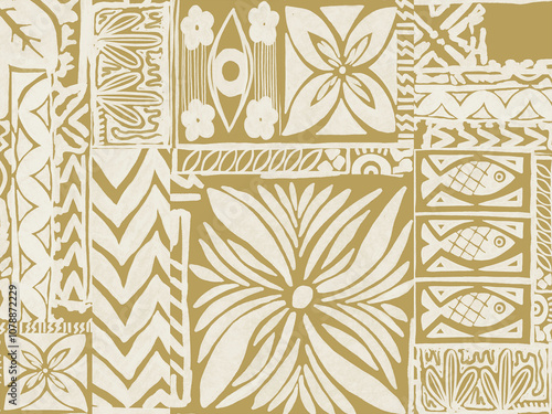 Hawaiian tribal exotic fabric and Polynesian tapa cloth patchwork abstract