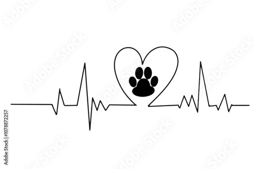 Hand-drawn vector illustration of a heartbeat line integrated into the rhythm and a heart and paw 