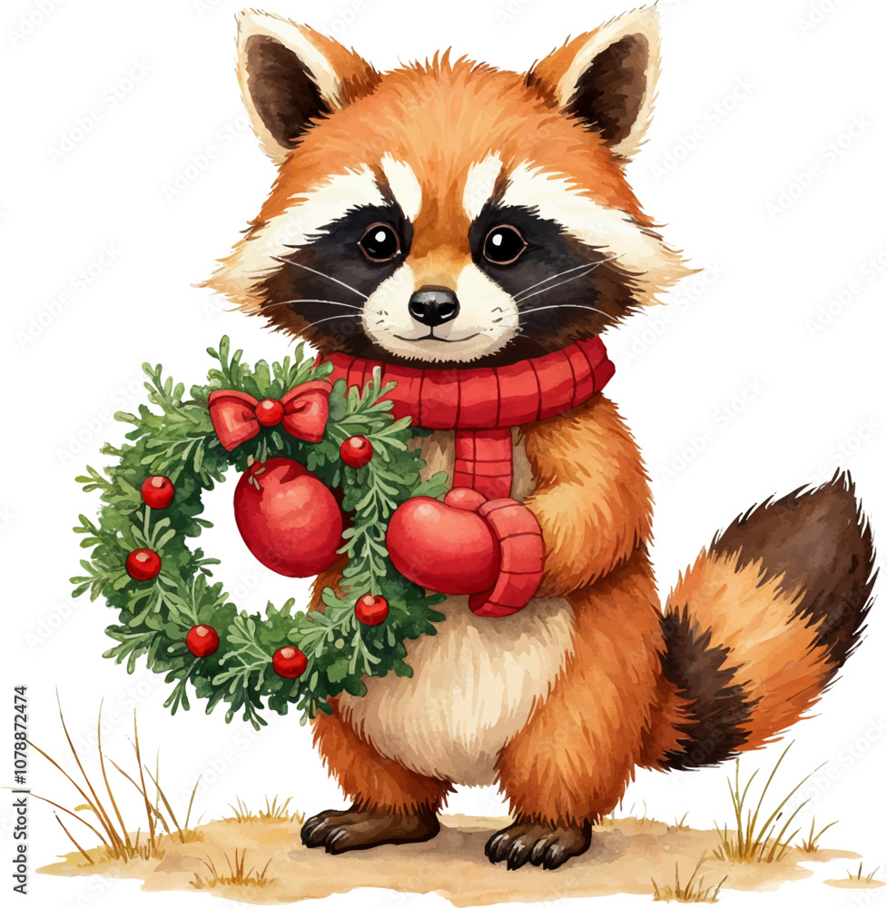 Cheerful raccoon holding a festive Christmas wreath with red ornaments and mittens in a winter setting. Watercolor kids Christmas illustration Cheerful raccoon holding a festive Christmas wreath with red ornaments and mittens in a winter setting. Watercolor kids Christmas illustration