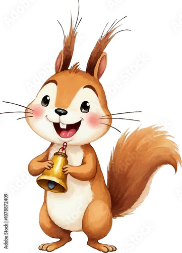 Cheerful cartoon squirrel holding a bell adds joy to woodland adventures in a playful illustration. Watercolor kids Christmas illustration