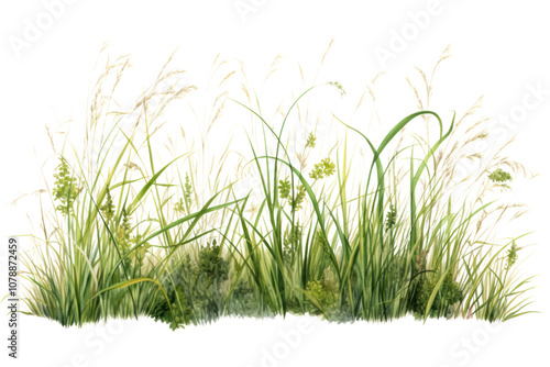 A patch of tall, untamed grass with delicate seed heads and vibrant green stems, isolated on a white background. photo