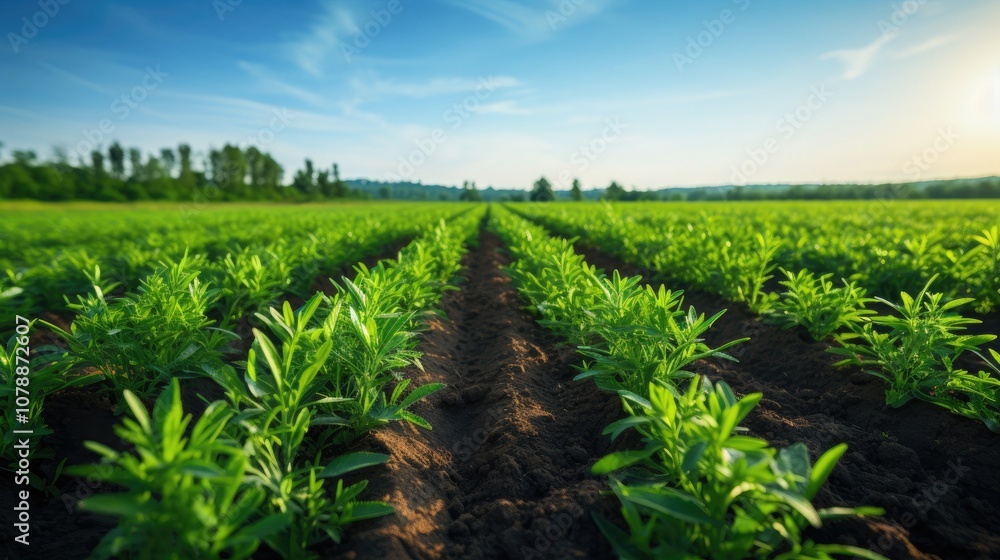 Fototapeta premium Green plantation. A bed with green sprouts of the plant in close-up