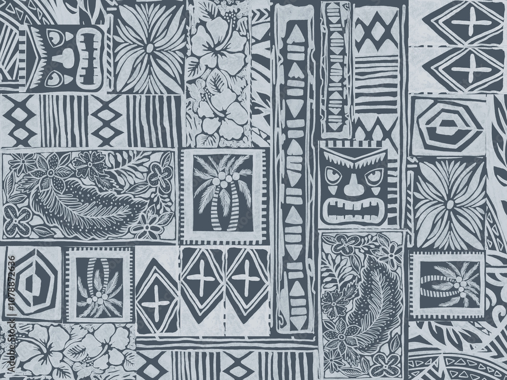 Hawaiian tribal exotic fabric and Polynesian tapa cloth patchwork abstract Hawaiian tribal exotic fabric and Polynesian tapa cloth patchwork abstract