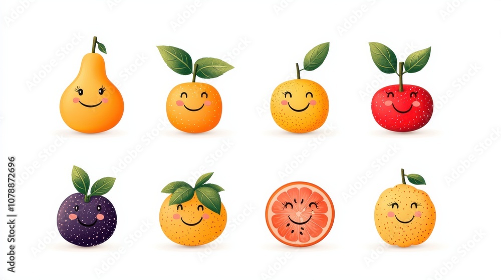 Obraz premium Colorful, smiling fruits arranged in two rows, featuring a pear, oranges, apples, and more, embodying a cheerful and vibrant theme.